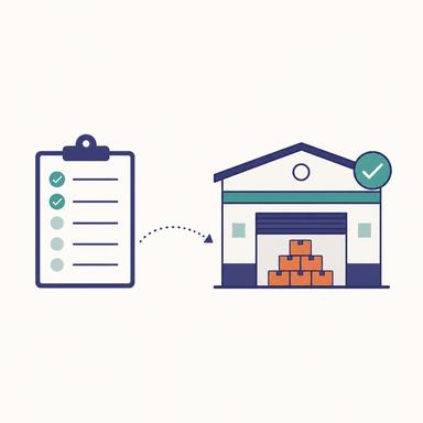 5つの質問に回答すると、取扱商品・エリア・配送条件に合う倉庫が自動で絞り込まれる流れを示す図